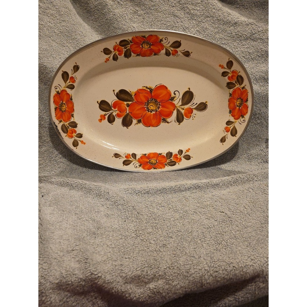Show Pans Sanko Ware Orange Poppies 18" Large Oval Platter 1970s Japan Vintage
